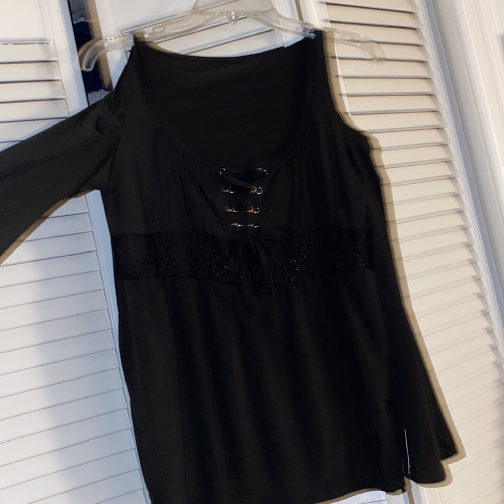XL lace design tie up cleavage black/Navy cold shoulder long sleeve blouses